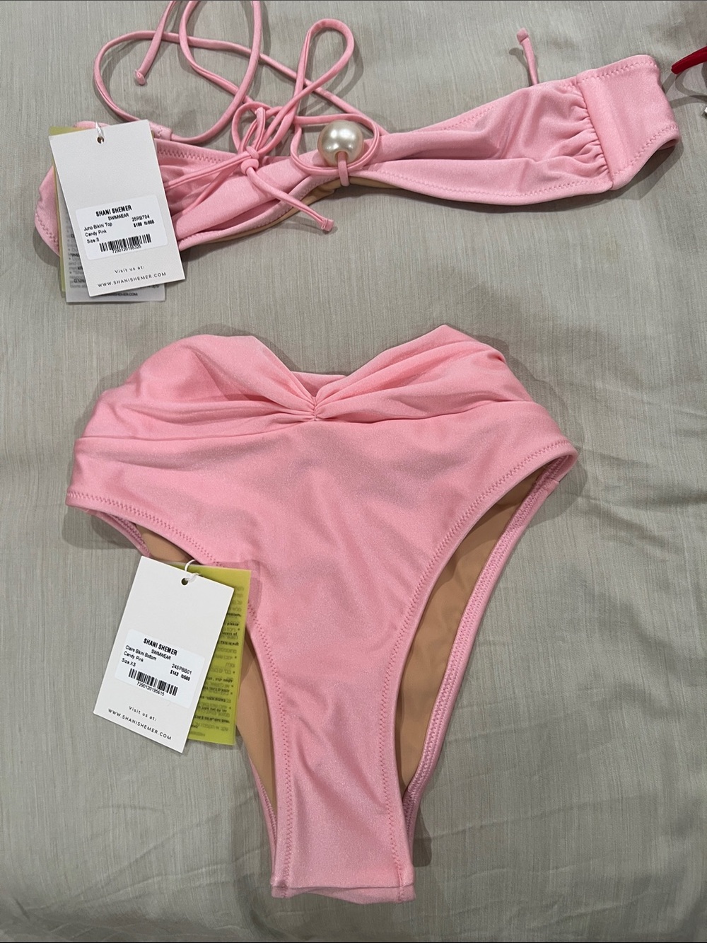 High-Waist Pink Bikini Set with Pearl Accent THE BOTTOM IS XS   THE TOP IS S